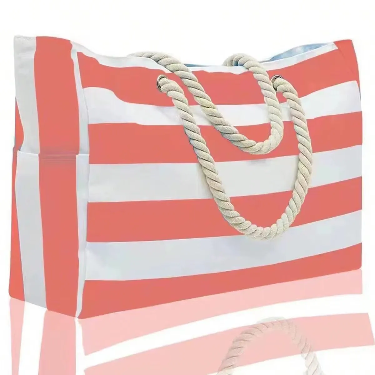 Striped Canvas Summer Beach Bag, Large Capacity Shopping Bag,