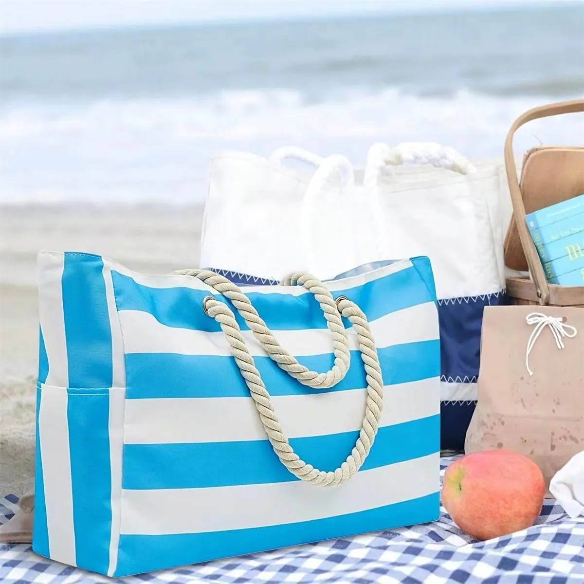 Striped Canvas Summer Beach Bag, Large Capacity Shopping Bag,