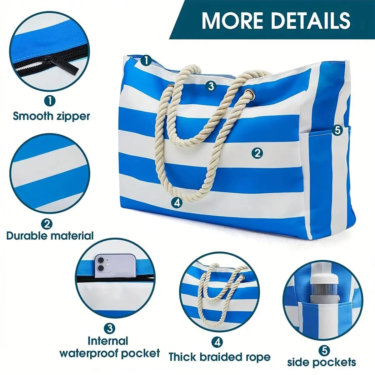 Striped Canvas Summer Beach Bag, Large Capacity Shopping Bag,