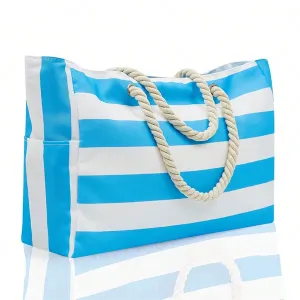 Striped Canvas Summer Beach Bag, Large Capacity Shopping Bag,