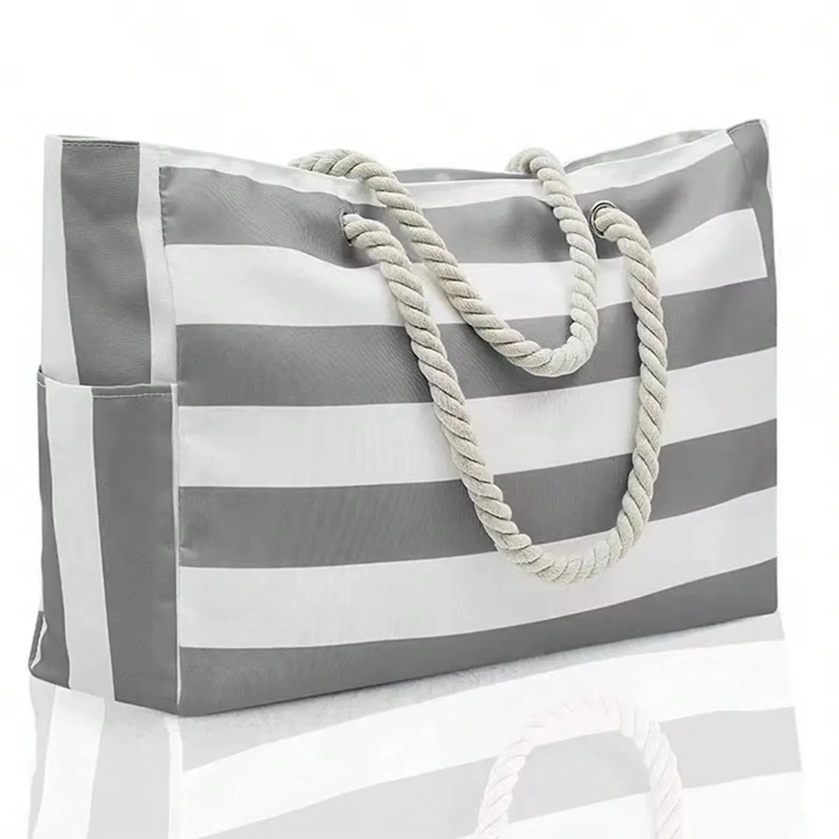 Striped Canvas Summer Beach Bag, Large Capacity Shopping Bag,