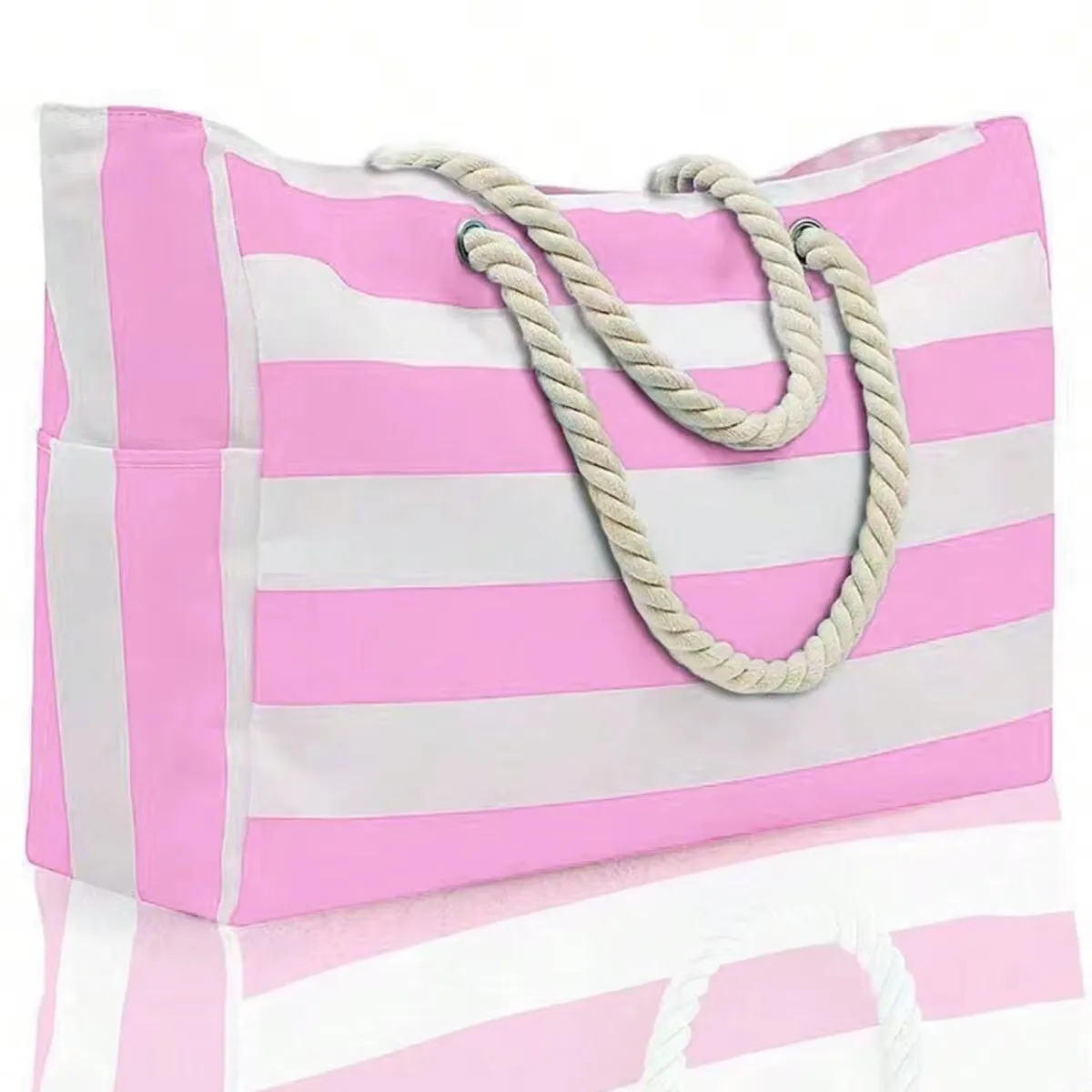 Striped Canvas Summer Beach Bag, Large Capacity Shopping Bag,