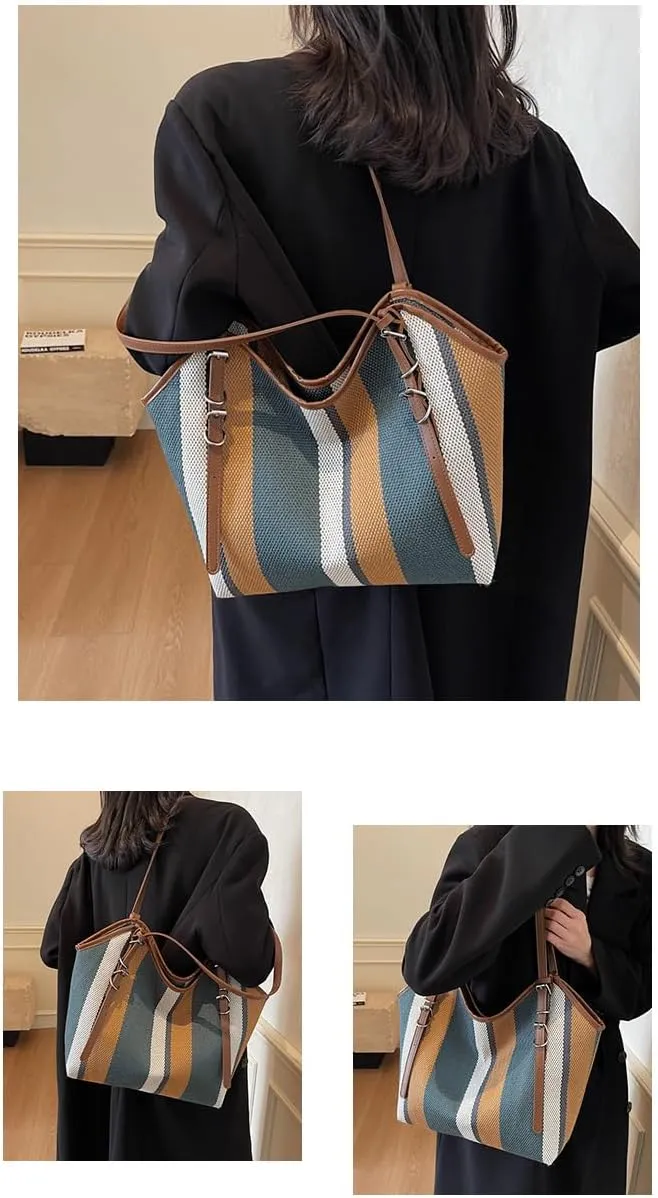 Striped Canvas Tote Bag, Brown Leather Handles, Multi-Color Stripes, Large Shoulder Handbag