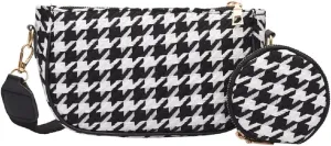Suillty Women Vintage Houndstooth Printing Clutch Shoulder Bags with Mini Round Purse Pendant Lady Small Crossbody Handbag