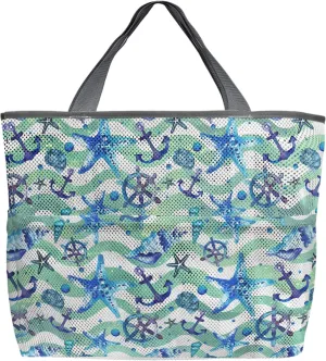 Summer Beach Starfish Beach Tote Bag for Women, Ocean Nautical Anchor Teal Wave Mesh Beach Bags Waterproof Sandproof, Outdoor Picnic Swim Pool Handbag - Large Beach Bag with Zipper and Pockets