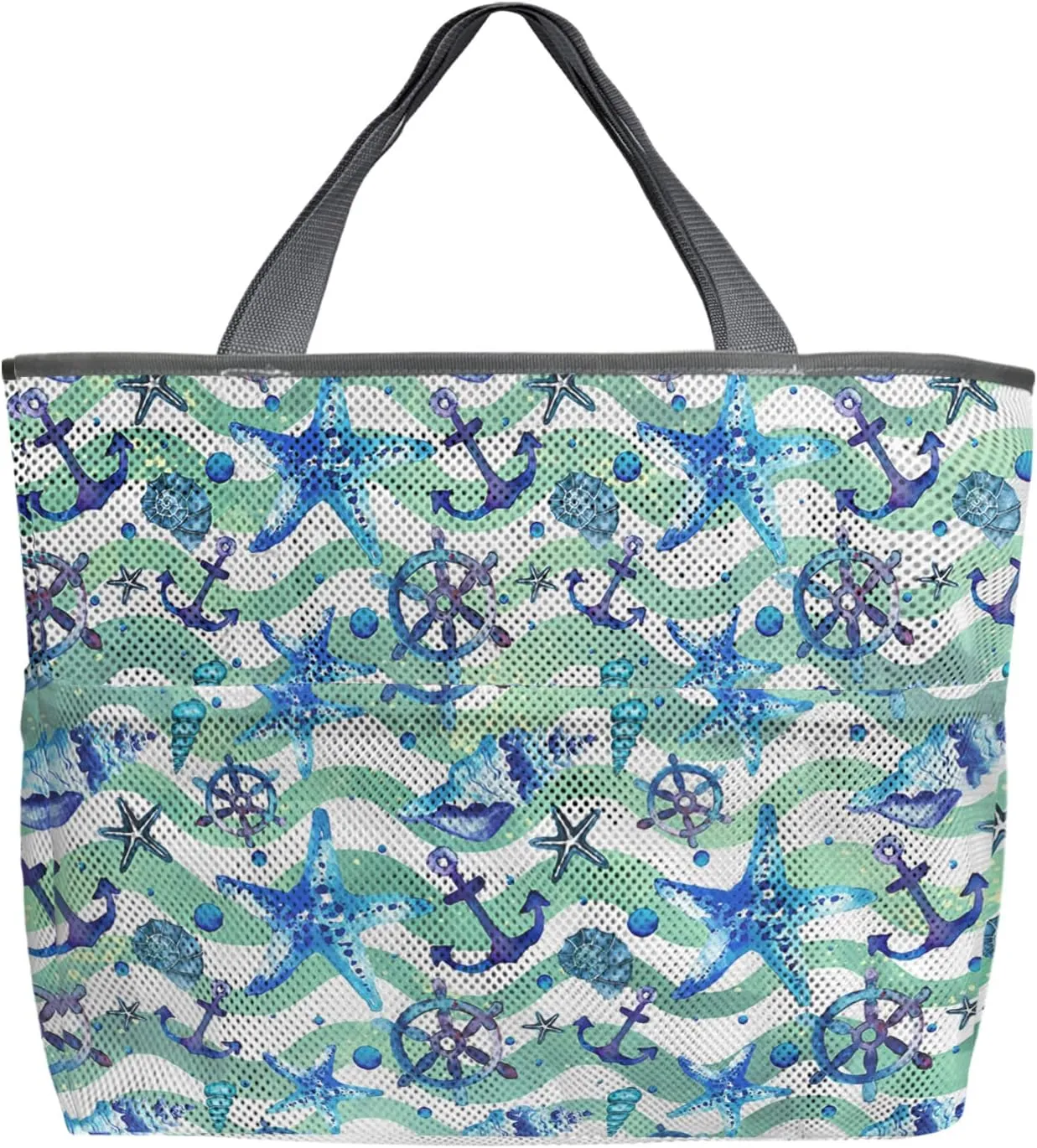 Summer Beach Starfish Beach Tote Bag for Women, Ocean Nautical Anchor Teal Wave Mesh Beach Bags Waterproof Sandproof, Outdoor Picnic Swim Pool Handbag - Large Beach Bag with Zipper and Pockets