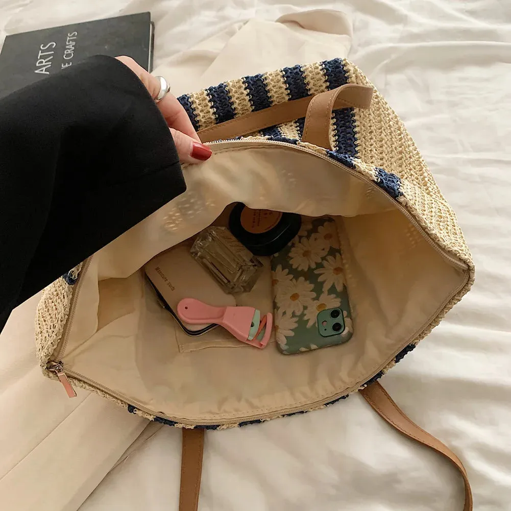 Summer Straw Woven Top-Handle Handbags Casual Large Capacity Women