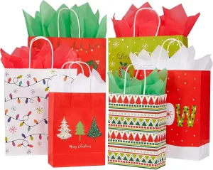 SUNCOLOR Pack of 24 Christmas Gift Bags Assorted Sizes With Tissue paper (8 Large 13", 8 Medium 11", 8 Small 9")