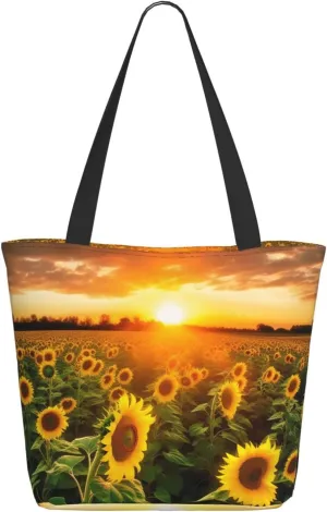 Sunflower Field Sunset Tote Bag for Women Large Shoulder Bag with Zipper Travel Handbag with Pockets Reusable Shopping Bag Aesthetic Beach Bag