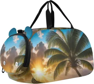 Sunrise Beach Palm Tree Duffle Bag for Girl, Sports Duffle Gym Bags with Shoe Compartment, Personalized Overnight Bag Travel Weekender for Kids
