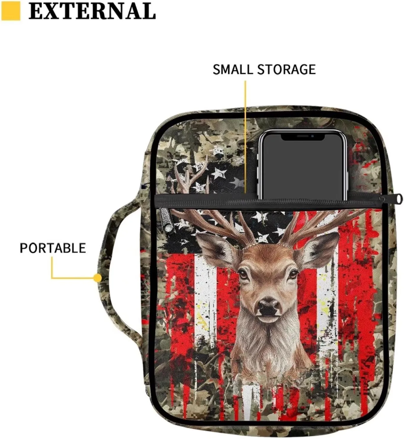 Suobstales Deer Print Bible Cover Carrying Book Case for Women Men American Flag Camo Lightweight Bible Bag Bible Protective with Handle and Zippered Pocket