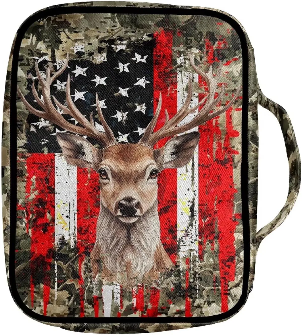 Suobstales Deer Print Bible Cover Carrying Book Case for Women Men American Flag Camo Lightweight Bible Bag Bible Protective with Handle and Zippered Pocket