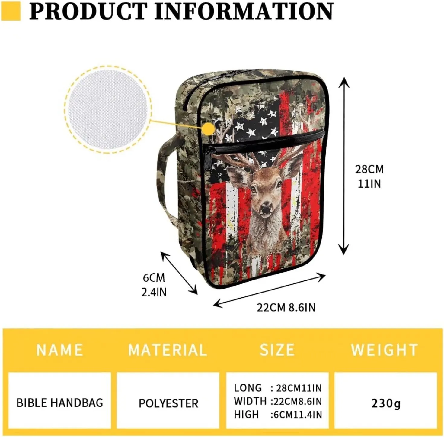 Suobstales Deer Print Bible Cover Carrying Book Case for Women Men American Flag Camo Lightweight Bible Bag Bible Protective with Handle and Zippered Pocket