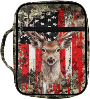 Suobstales Deer Print Bible Cover Carrying Book Case for Women Men American Flag Camo Lightweight Bible Bag Bible Protective with Handle and Zippered Pocket