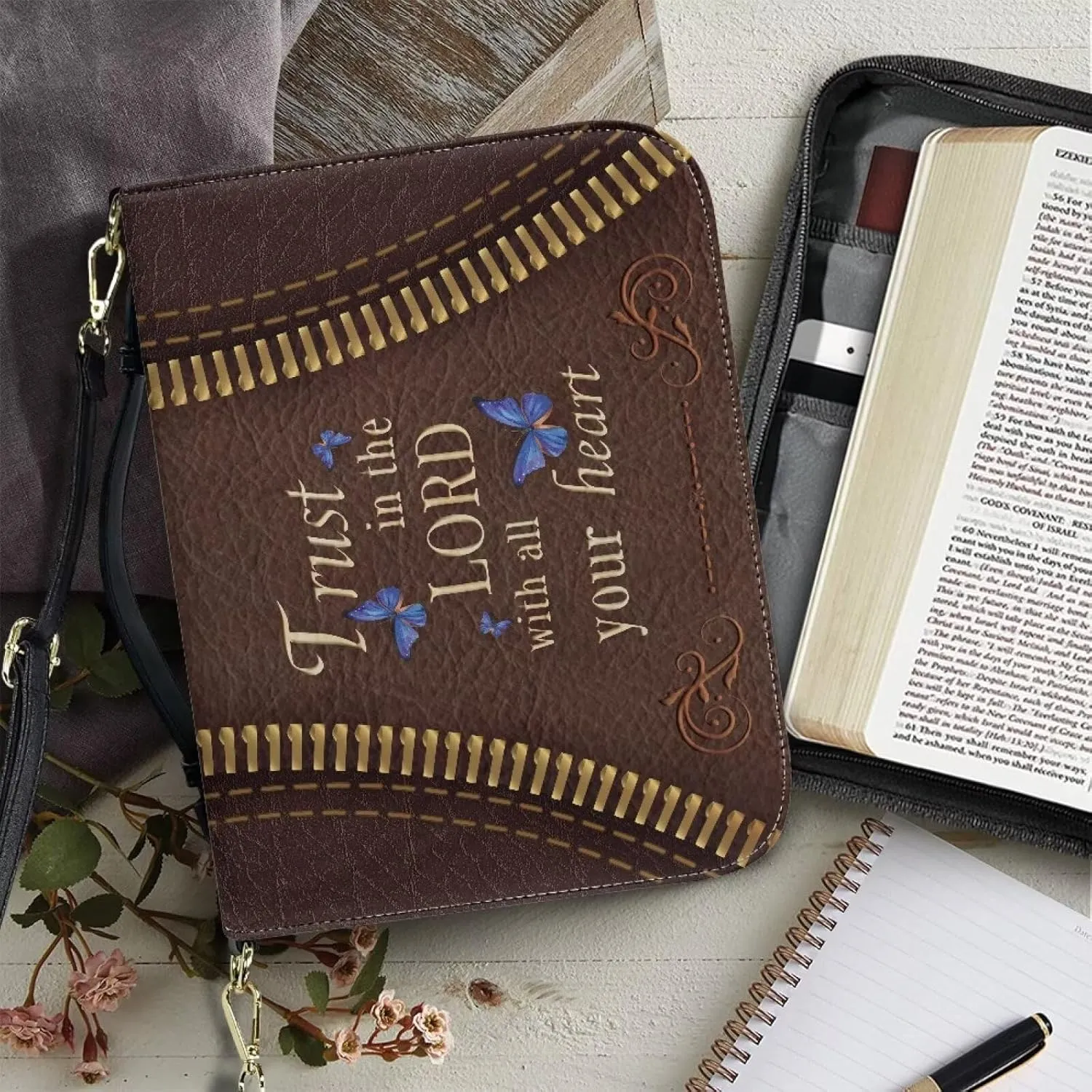 Suobstales Sunflower Butterfly Pattern Bible Cover for Women Men Trust in the Lord PU Leather Makeup Organizer Expand Brief Case Journal Case Christian Purses Handbags with Shoulder Strap, M