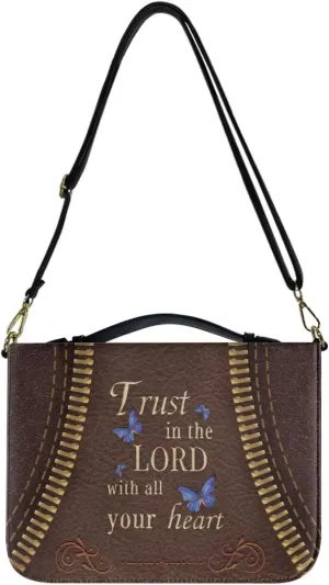 Suobstales Sunflower Butterfly Pattern Bible Cover for Women Men Trust in the Lord PU Leather Makeup Organizer Expand Brief Case Journal Case Christian Purses Handbags with Shoulder Strap, M