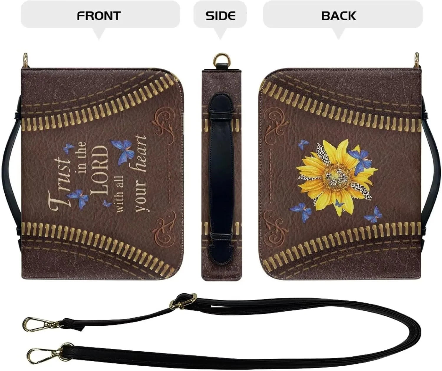 Suobstales Sunflower Butterfly Pattern Bible Cover for Women Men Trust in the Lord PU Leather Makeup Organizer Expand Brief Case Journal Case Christian Purses Handbags with Shoulder Strap, M