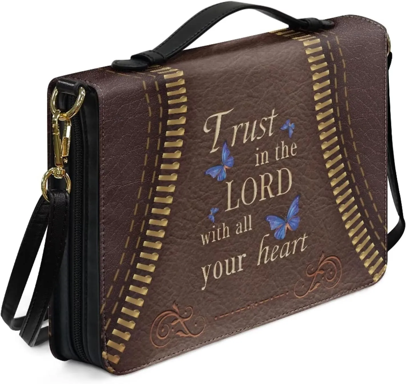 Suobstales Sunflower Butterfly Pattern Bible Cover for Women Men Trust in the Lord PU Leather Makeup Organizer Expand Brief Case Journal Case Christian Purses Handbags with Shoulder Strap, M