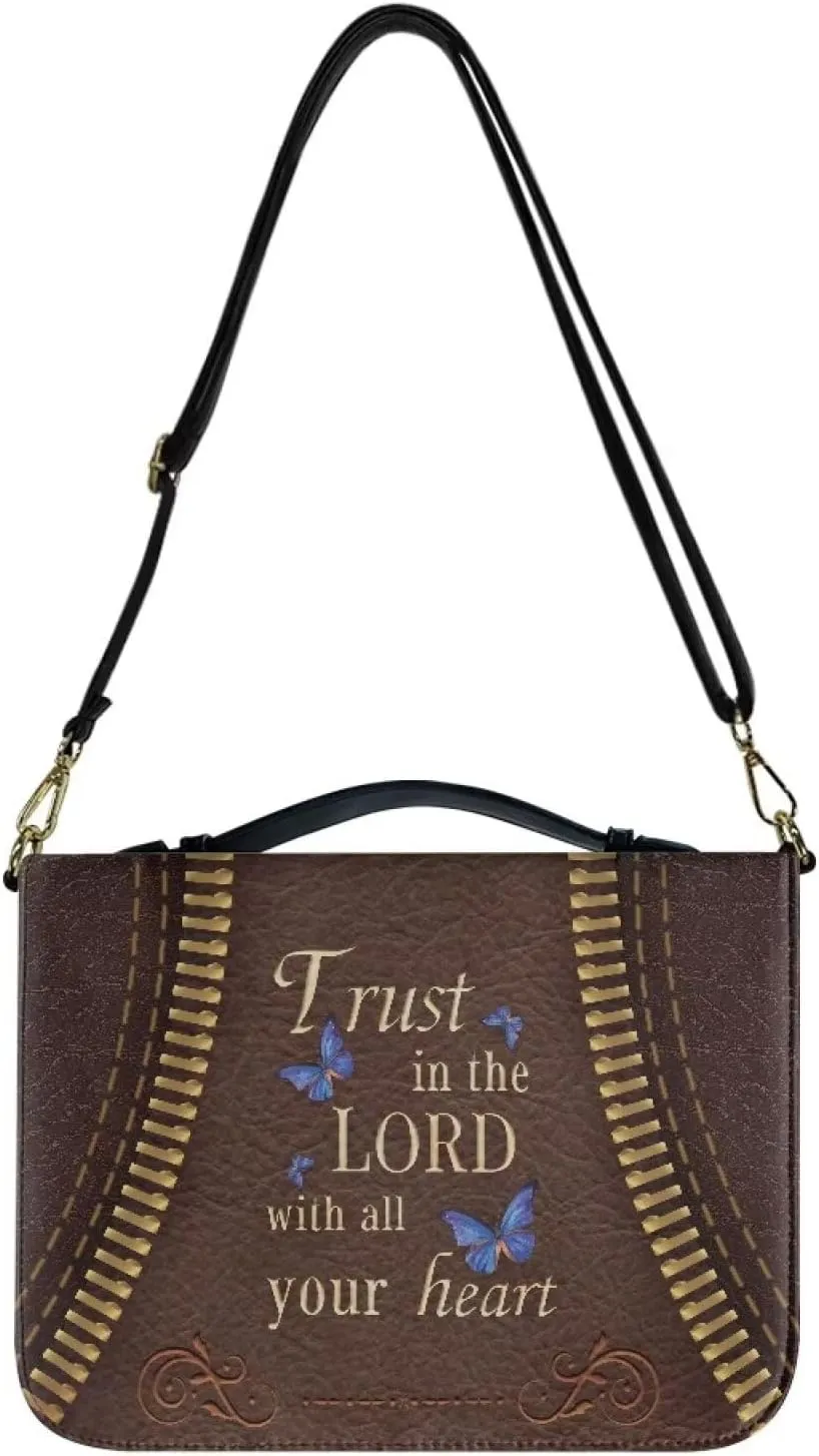 Suobstales Sunflower Butterfly Pattern Bible Cover for Women Men Trust in the Lord PU Leather Makeup Organizer Expand Brief Case Journal Case Christian Purses Handbags with Shoulder Strap, M