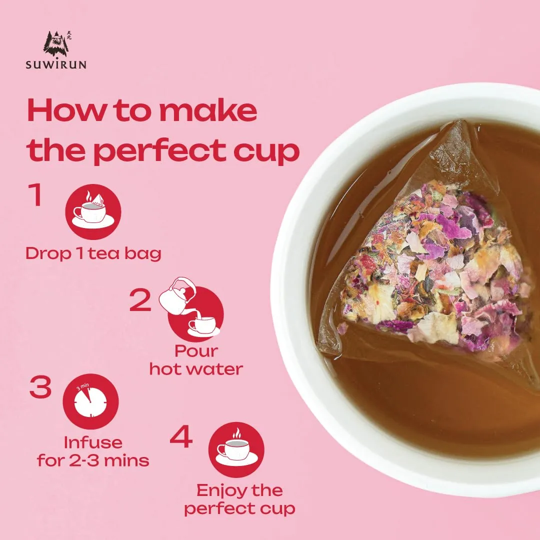 Suwirun Organic Rose Tea 25 Bags – 100% Pure Rose Petals – Delicate Floral Aroma, Naturally Caffeine-Free – Relaxing Herbal Tea, Enjoy Hot or Cold