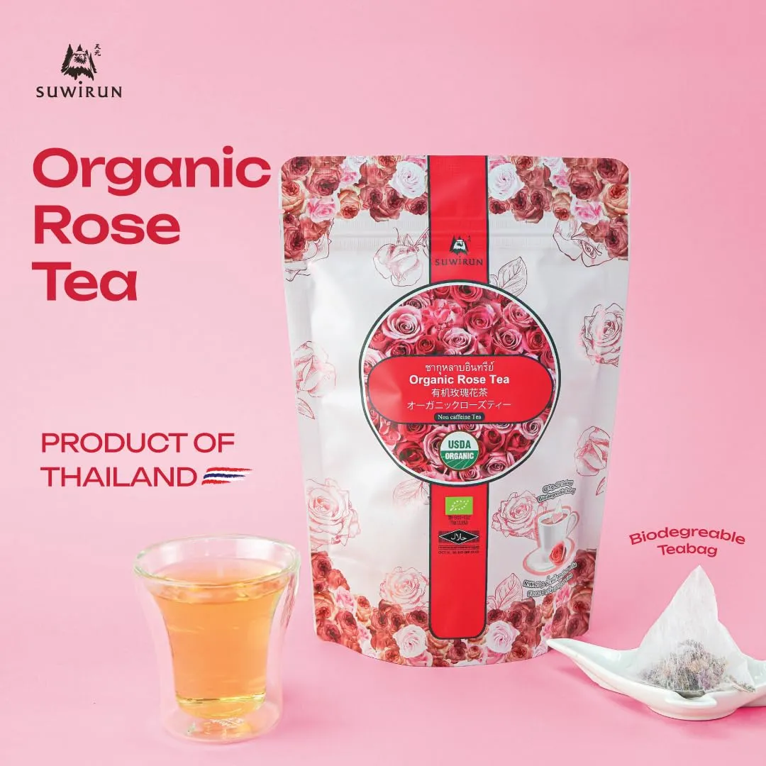 Suwirun Organic Rose Tea 25 Bags – 100% Pure Rose Petals – Delicate Floral Aroma, Naturally Caffeine-Free – Relaxing Herbal Tea, Enjoy Hot or Cold