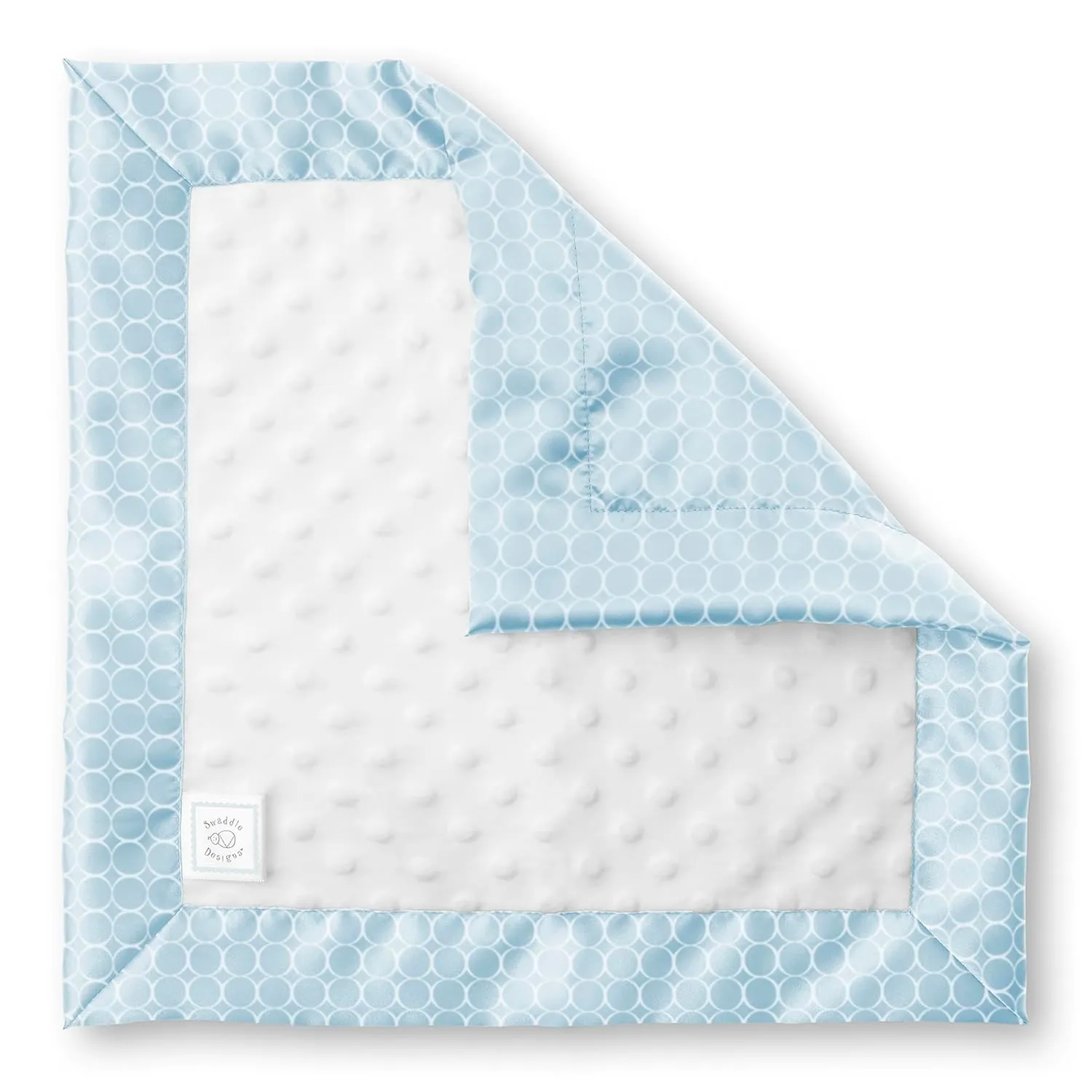 SwaddleDesigns Baby Lovie, Small Security Blanket, Plush Dots with Satin Trim, White Mini Mod Circles on Pastel Blue, 14 x 14 inches (36 x 36 cm)