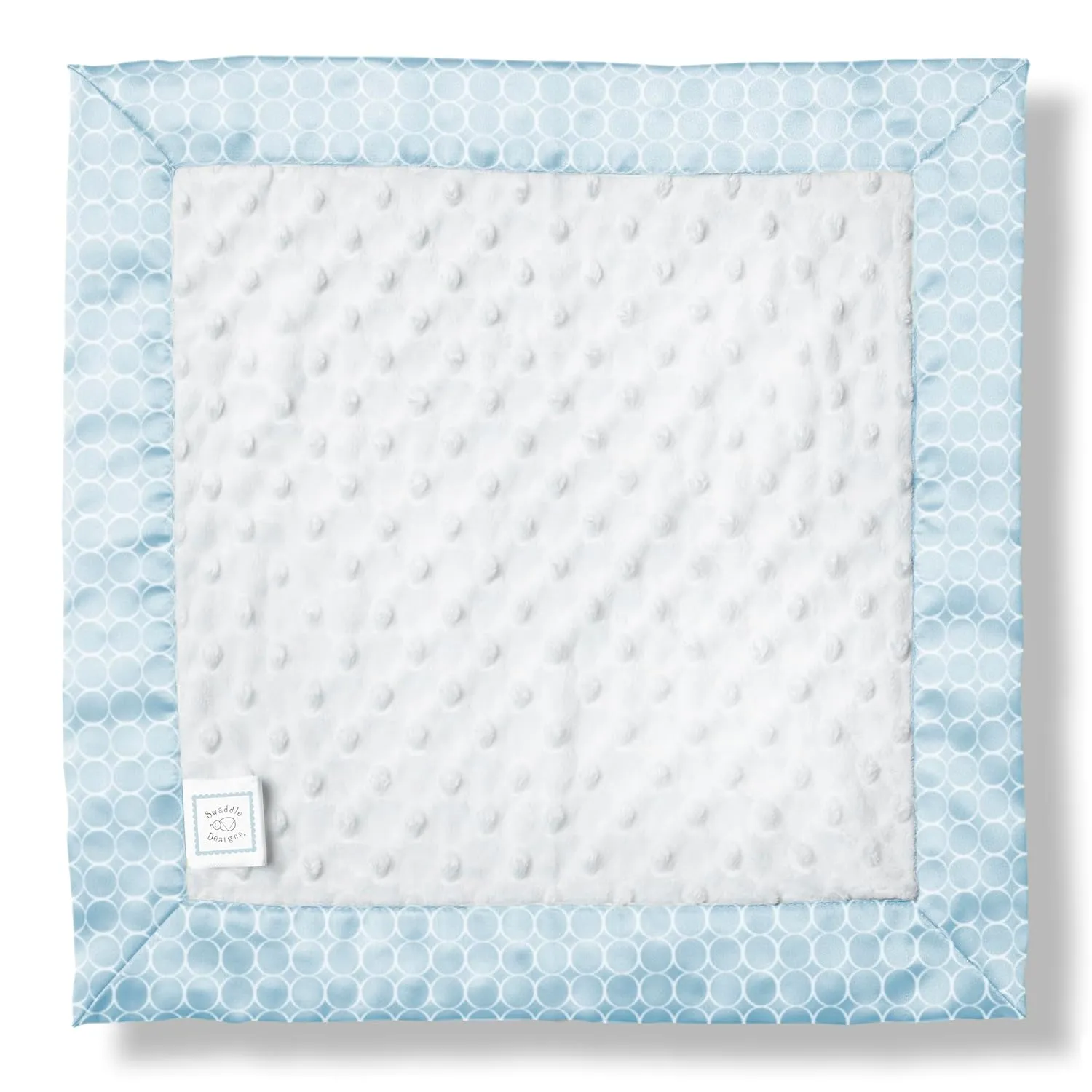 SwaddleDesigns Baby Lovie, Small Security Blanket, Plush Dots with Satin Trim, White Mini Mod Circles on Pastel Blue, 14 x 14 inches (36 x 36 cm)