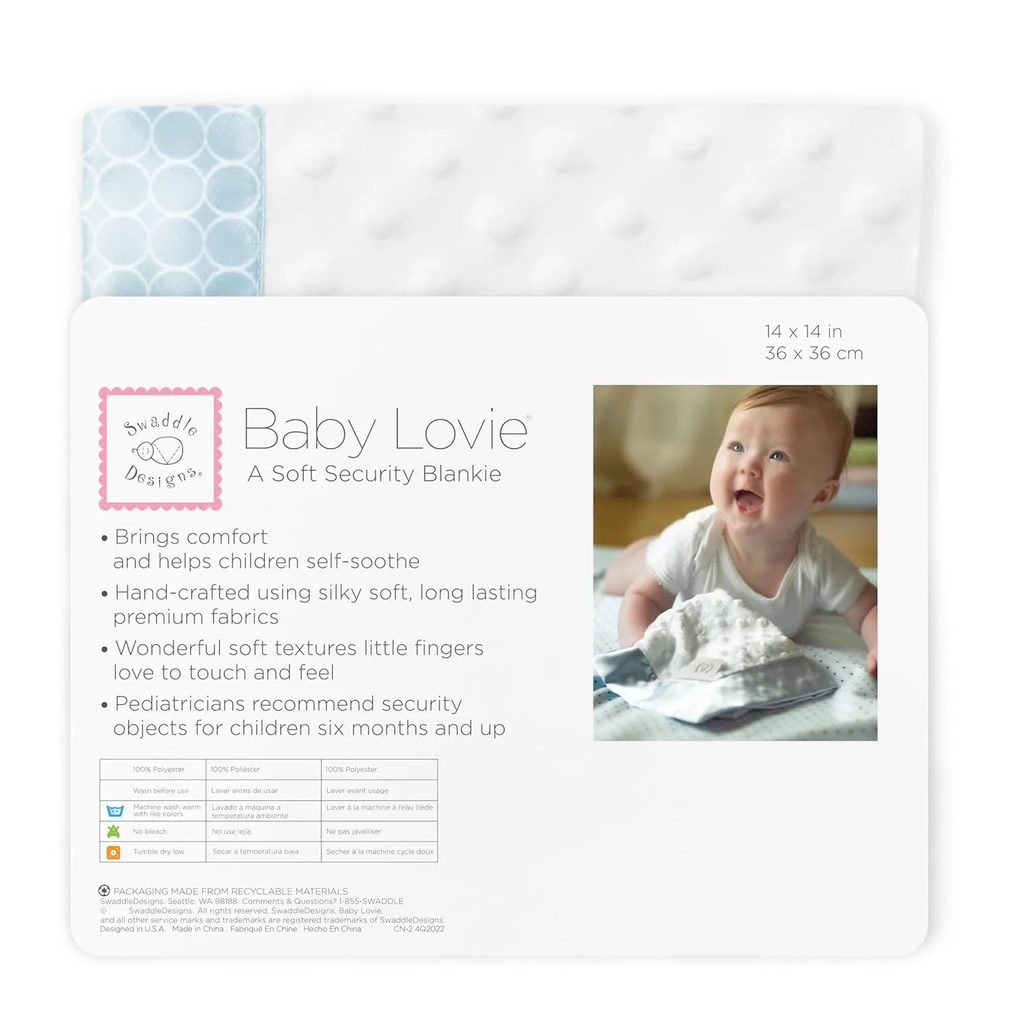 SwaddleDesigns Baby Lovie, Small Security Blanket, Plush Dots with Satin Trim, White Mini Mod Circles on Pastel Blue, 14 x 14 inches (36 x 36 cm)
