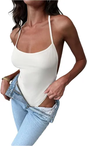 SweatyRocks Women's Backless Halter Bodysuit Sleeveless Spaghetti Strap Cami Body Suits