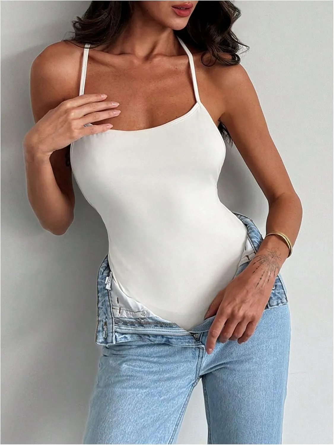 SweatyRocks Women's Backless Halter Bodysuit Sleeveless Spaghetti Strap Cami Body Suits