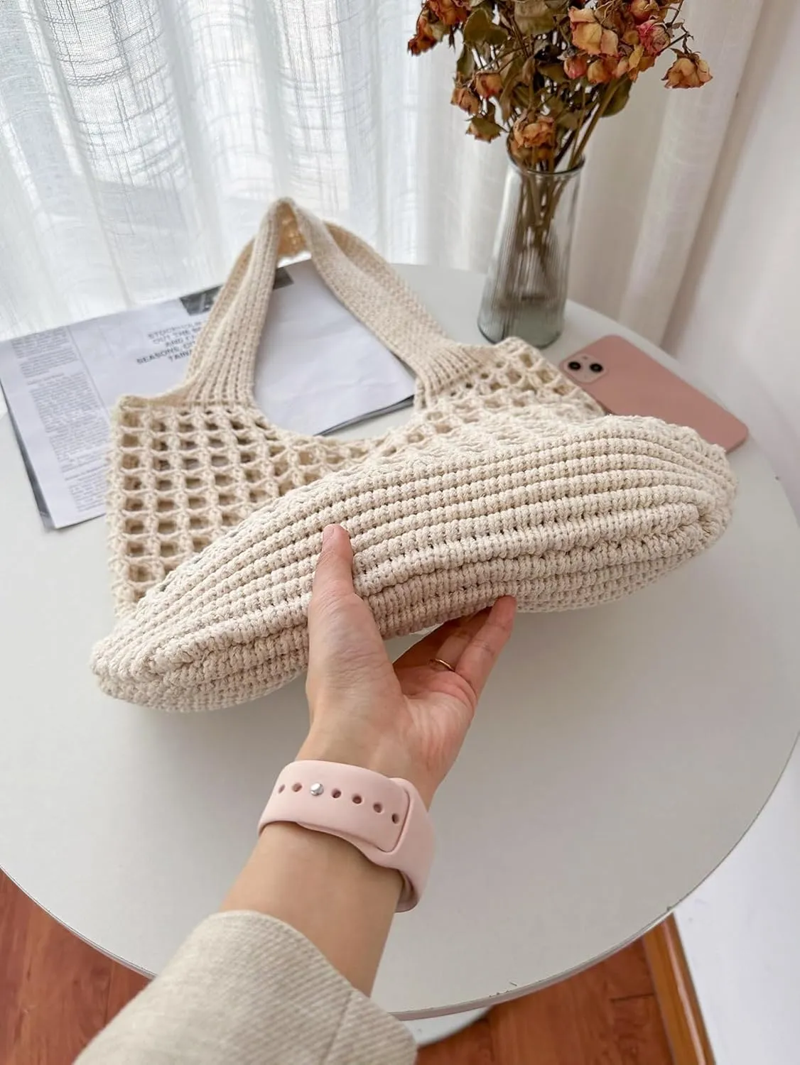 SweatyRocks Women's Crochet Beach Mesh Tote Bags Retro Hobo Knitted Fishnet Handbags