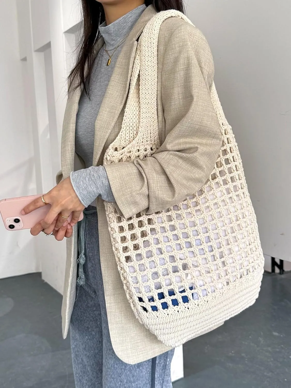 SweatyRocks Women's Crochet Beach Mesh Tote Bags Retro Hobo Knitted Fishnet Handbags