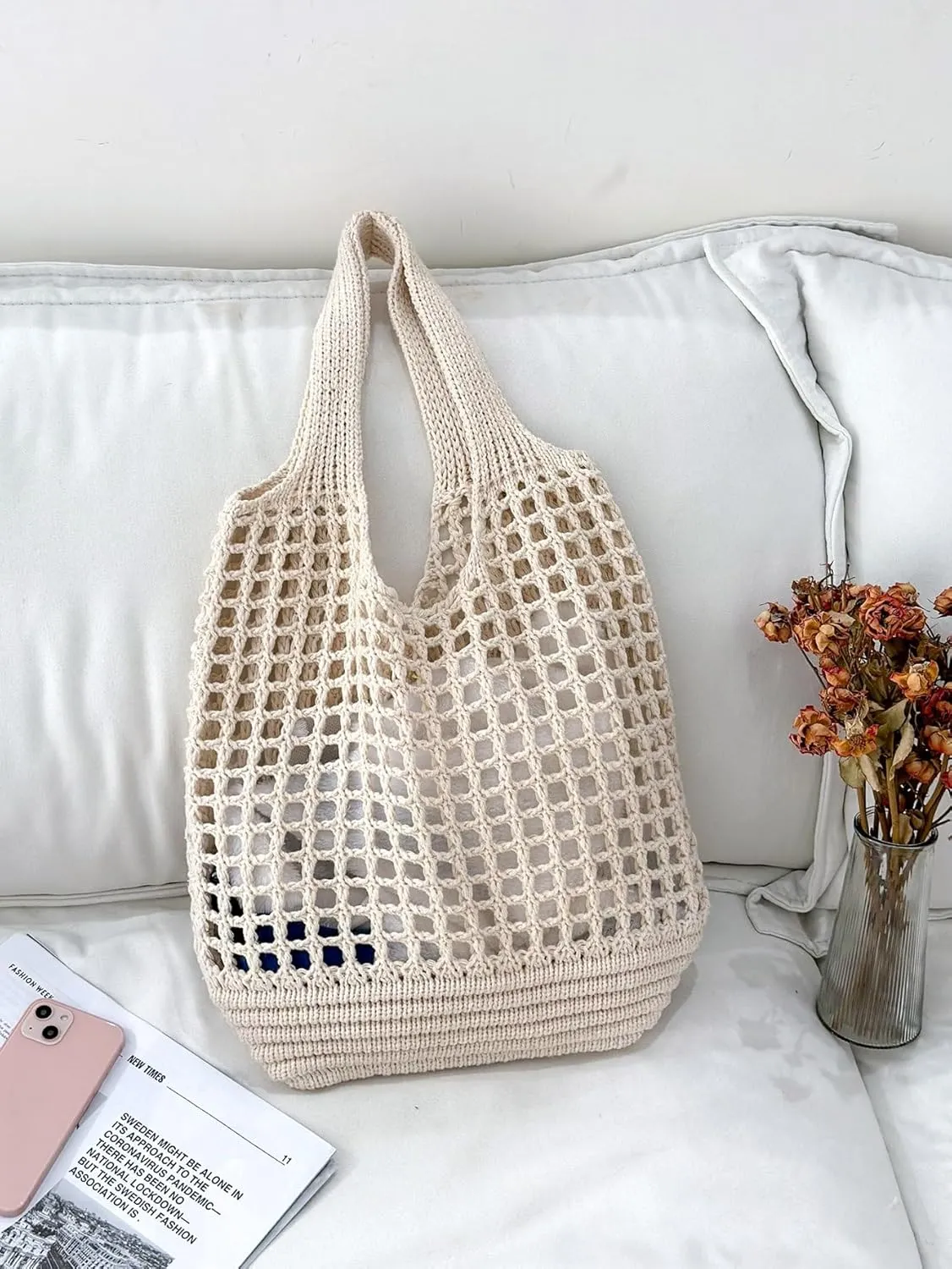SweatyRocks Women's Crochet Beach Mesh Tote Bags Retro Hobo Knitted Fishnet Handbags