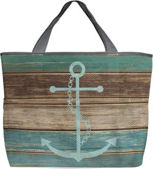 Teal Brown Wood Beach Tote Bag for Women, Summer Beach Nautical Anchor Ocean Coastal Mesh Beach Bags Waterproof Sandproof, Outdoor Picnic Swim Pool Handbag - Large Beach Bag with Zipper and Pockets