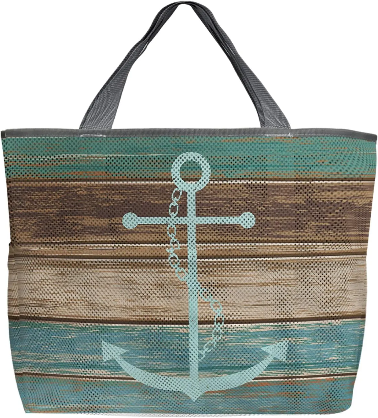 Teal Brown Wood Beach Tote Bag for Women, Summer Beach Nautical Anchor Ocean Coastal Mesh Beach Bags Waterproof Sandproof, Outdoor Picnic Swim Pool Handbag - Large Beach Bag with Zipper and Pockets