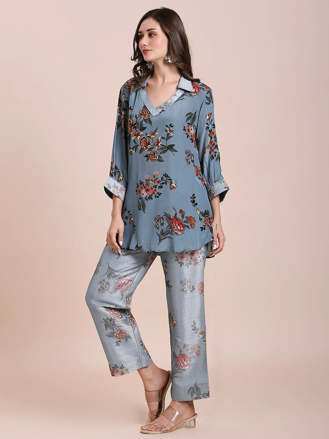Teal Floral Printed Co-Ord Set With Brocade Pant