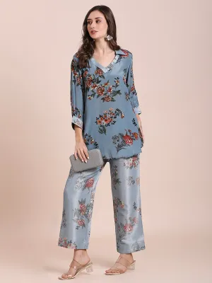 Teal Floral Printed Co-Ord Set With Brocade Pant