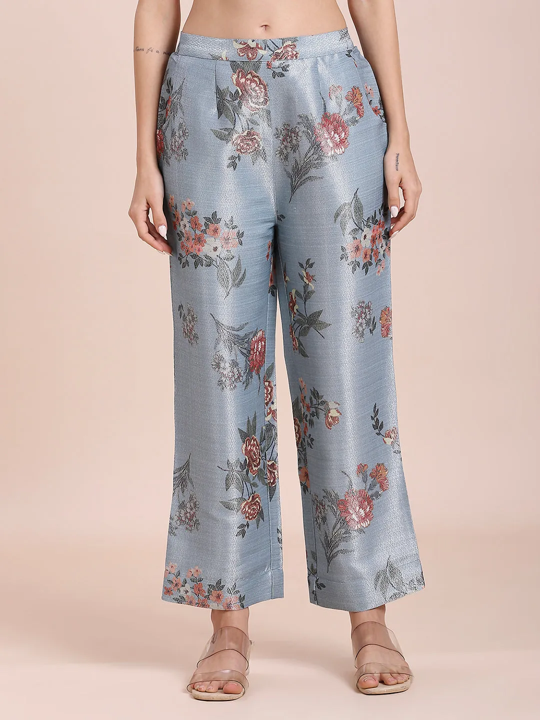 Teal Floral Printed Co-Ord Set With Brocade Pant