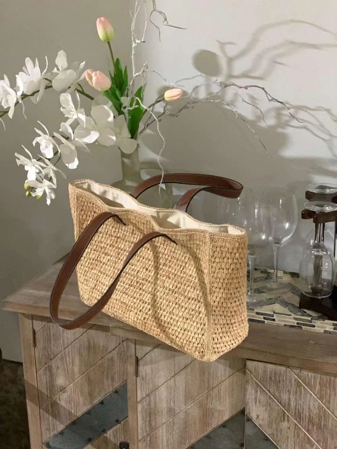 Tenhai Crochet Raffia Bag With Lining Leather Handle