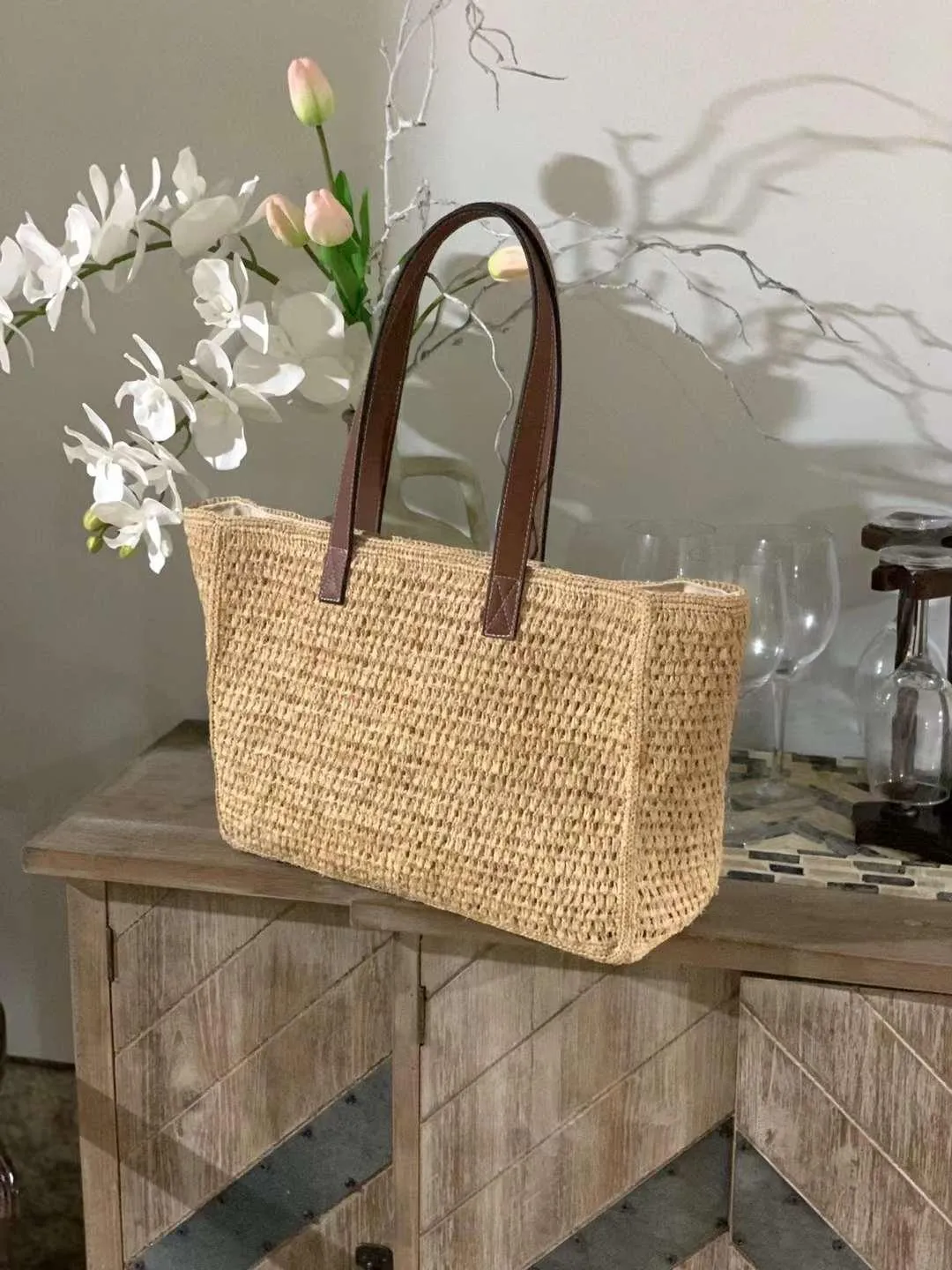 Tenhai Crochet Raffia Bag With Lining Leather Handle