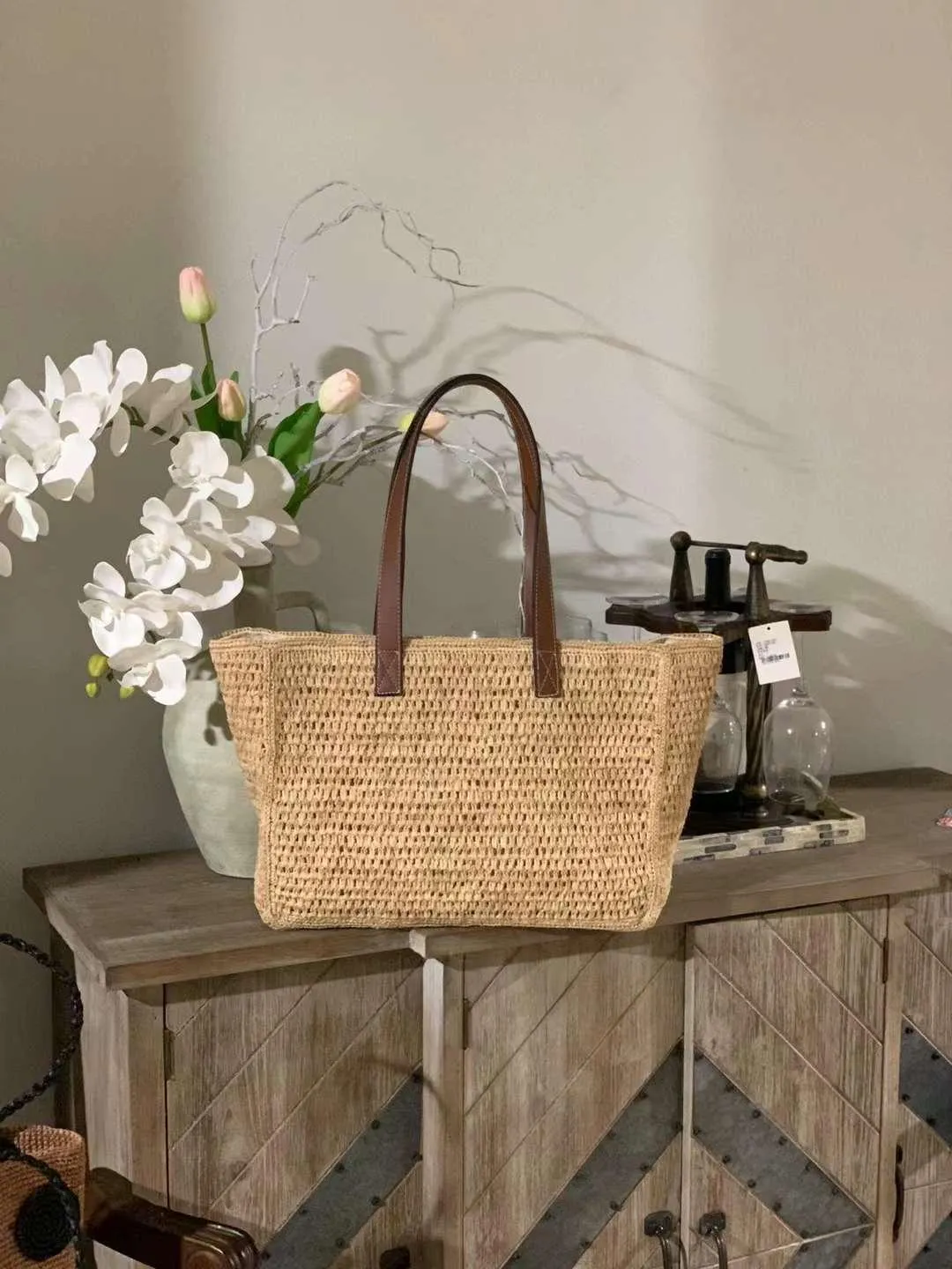 Tenhai Crochet Raffia Bag With Lining Leather Handle