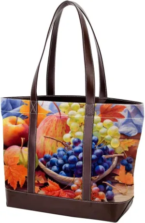 The Tote Bag For Women,Tote Bag With Zipper,Canvas Tote Bag,Autumn Harvest Grapes Pumpkin Handbags