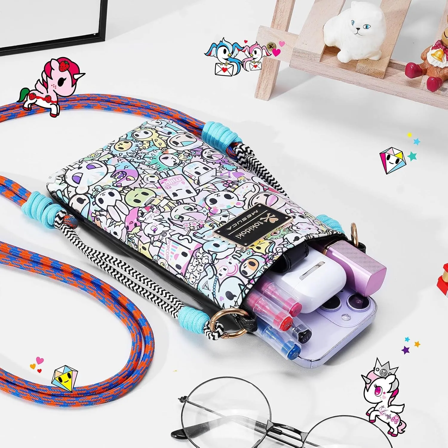 Tokidoki Unicorno Small Crossbody Purse for Women,Mini Soft Leather Cellphone Bags Kawaii Wallet with Crossbody Strap