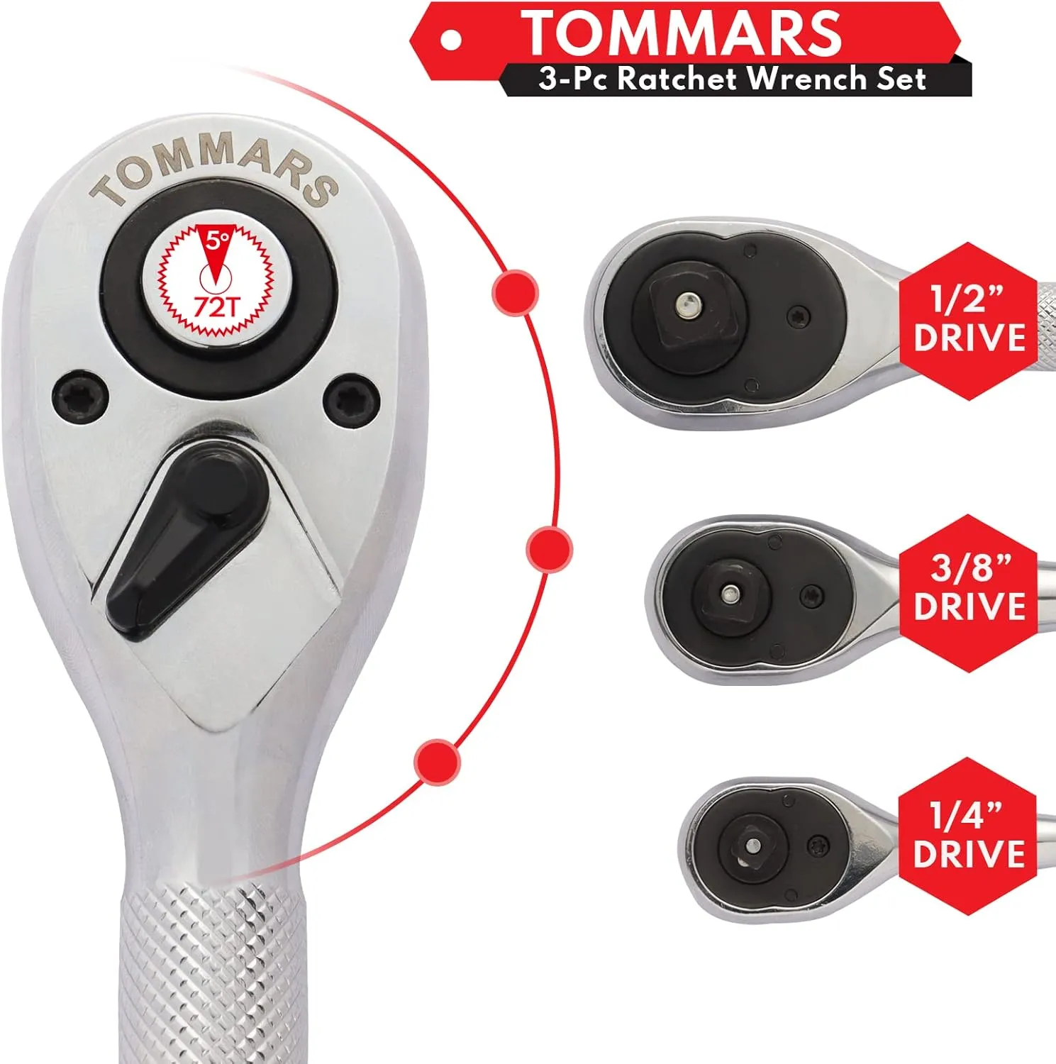 TOMMARS Stubby Ratchet Set, 1/4", 3/8", 1/2" Drive Ratchet Handle Wrench 72-Tooth Quick-Release Reversible