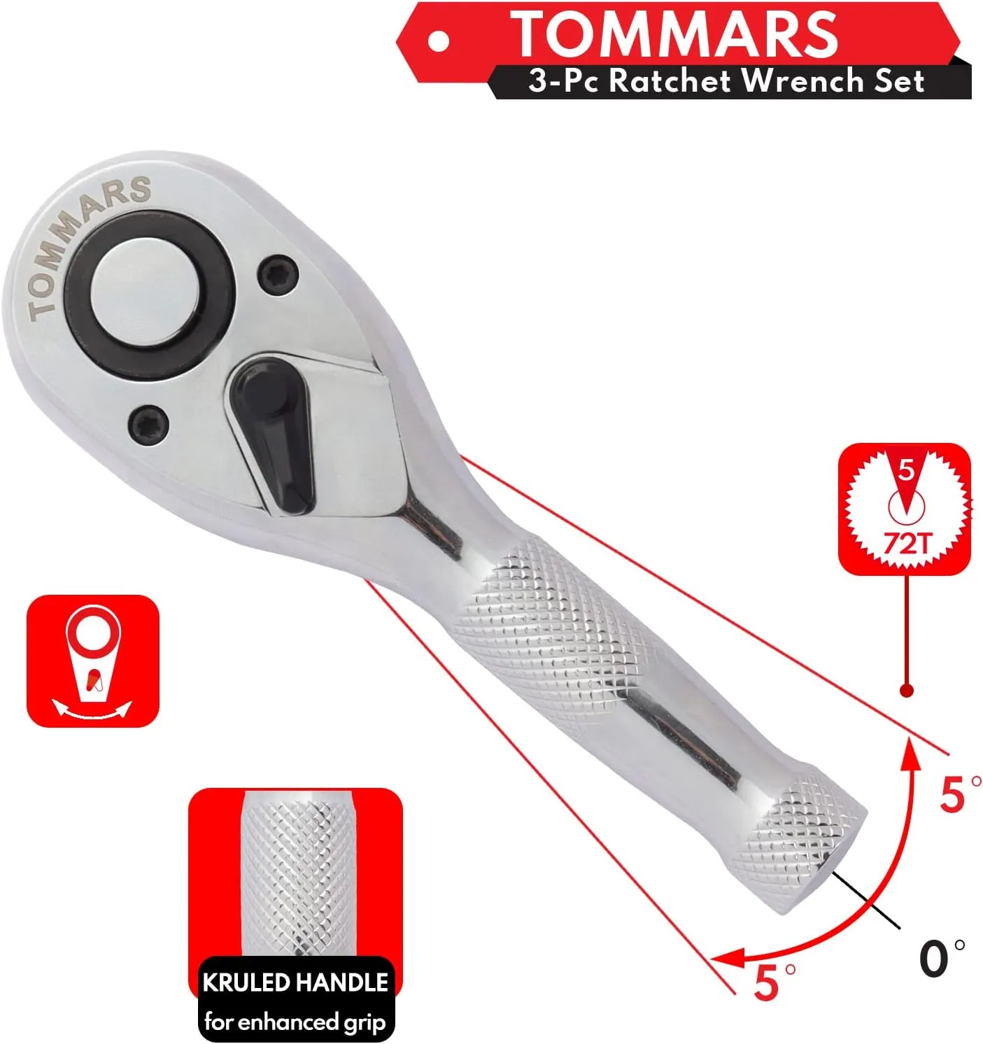 TOMMARS Stubby Ratchet Set, 1/4", 3/8", 1/2" Drive Ratchet Handle Wrench 72-Tooth Quick-Release Reversible