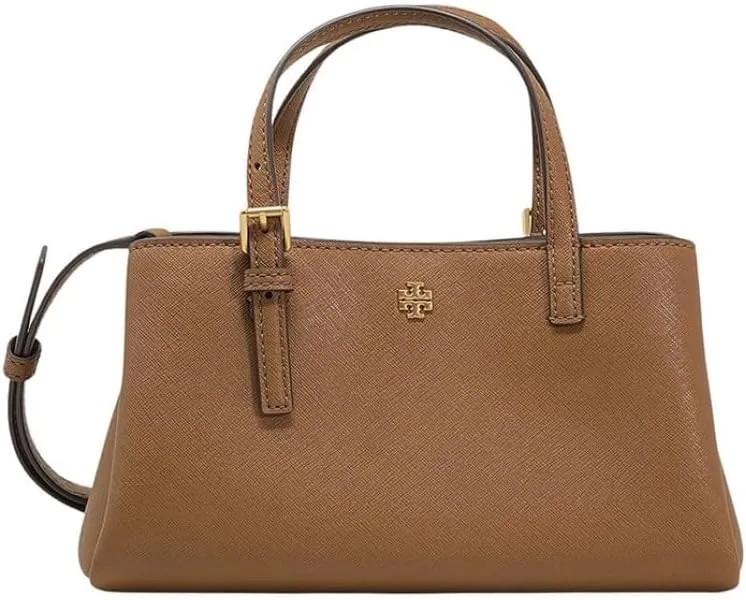 Tory Burch 143394 Emerson Moose Brown With Gold Hardware Leather Women's Mini Tote Bag