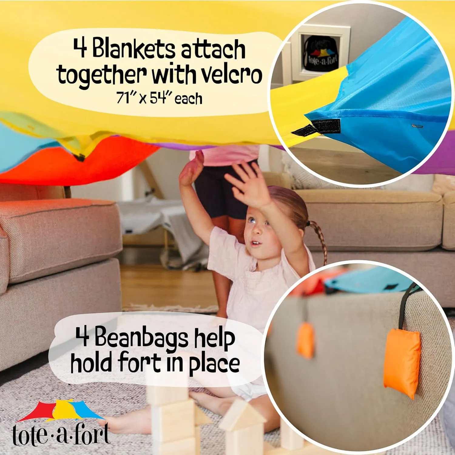 Tote a Fort Original XL Blanket Fort Building Kit - Portable Playhouse Play Tent Fort - Indoor & Outdoor Toy Set for Ages 4-12  - STEM Toy - 4 Blanket Set