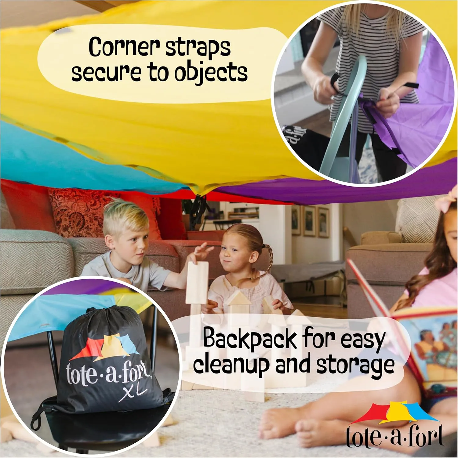 Tote a Fort Original XL Blanket Fort Building Kit - Portable Playhouse Play Tent Fort - Indoor & Outdoor Toy Set for Ages 4-12  - STEM Toy - 4 Blanket Set