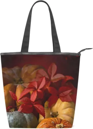 Tote Bag Autumn Harvest Pumpkin Canvas Zippered Tote Handbag for Women with 2 Interior Pockets