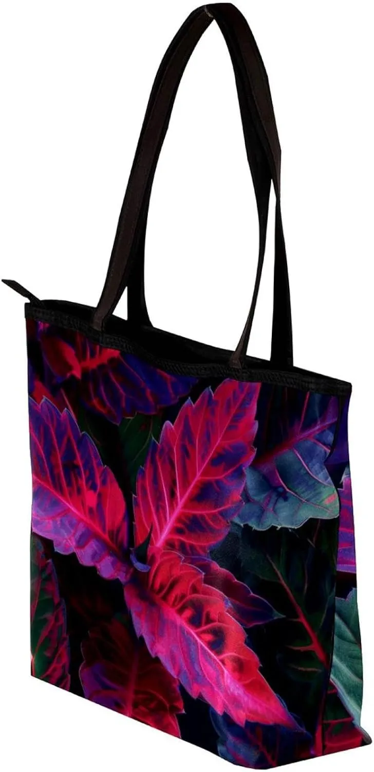 Tote Bag for Women, Large Tote Bag, Tote Bag with Zipper, Modern Botanical Pattern Purple Leaves, Tote Bags Women
